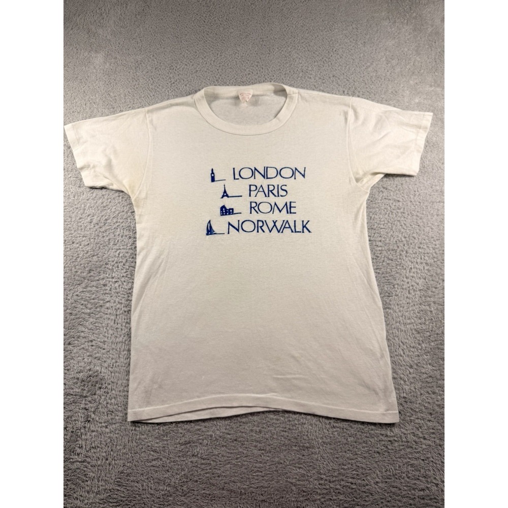 VINTAGE Destination T‎ Shirt Mens XL White Paper Thin Europe Spell Out USA Made